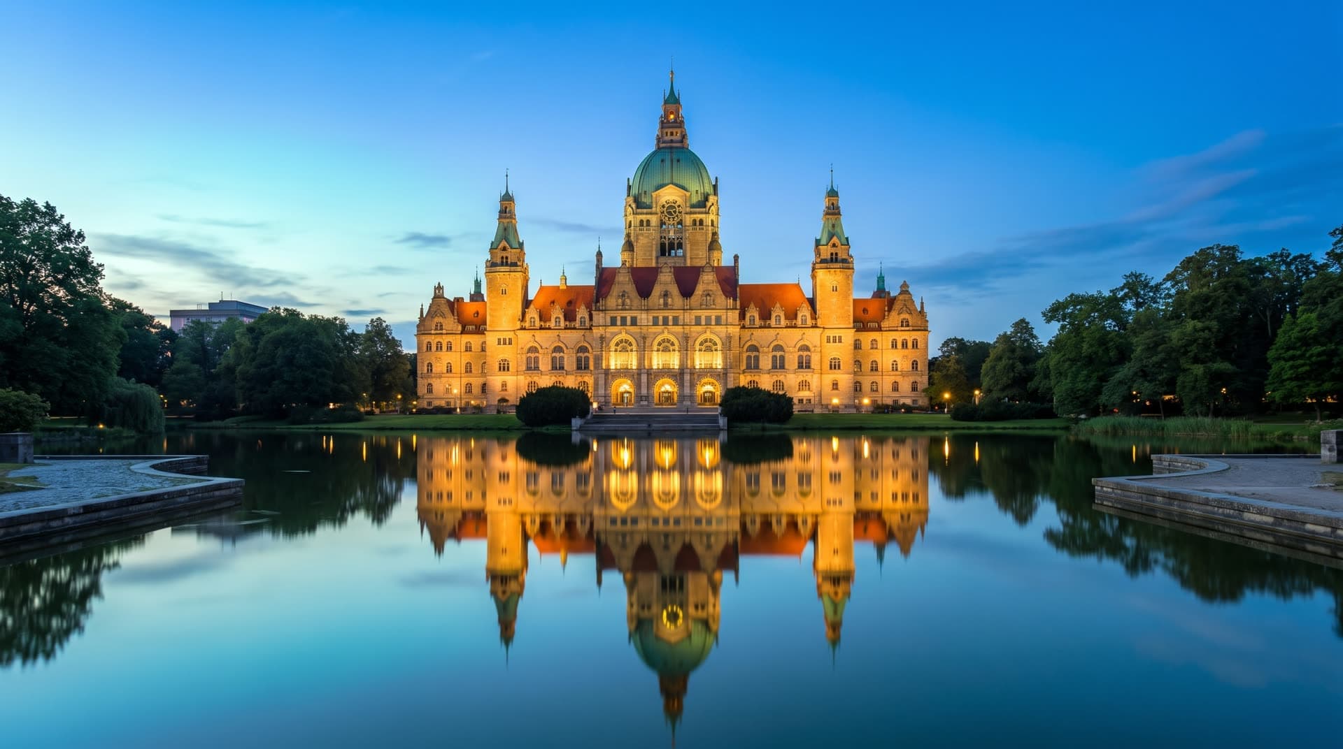 Das Neue Rathaus Hannover zur blauen Stunde, gespiegelt im Maschteich